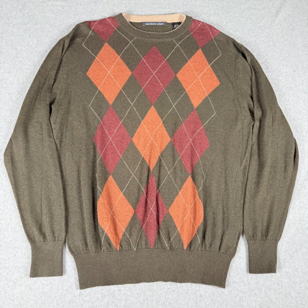 Northern Isles Silk Cashmere Angora Argyle Sweater Mens L Olive Crewneck